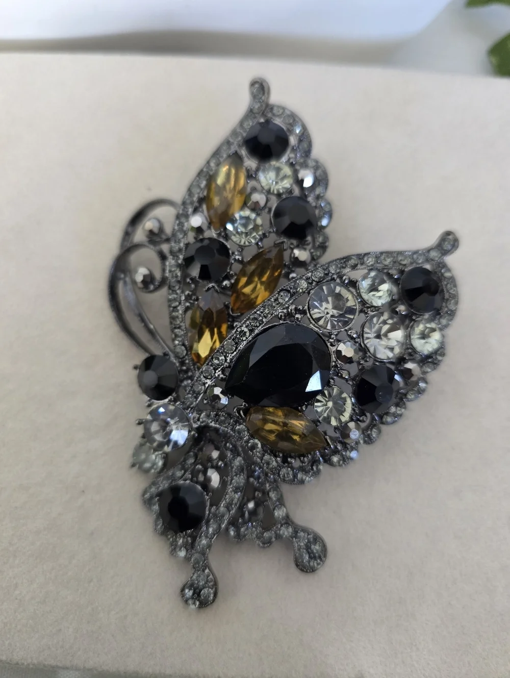 Statement Gunmetal Silver Butterfly Brooch Pin / Pendant Black & Amber Crystals